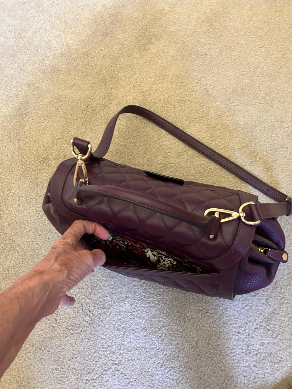 Vera Bradley Quilted Leather Stella Satchel in Aubergine, eggplant gold hardware - Picture 6 of 14